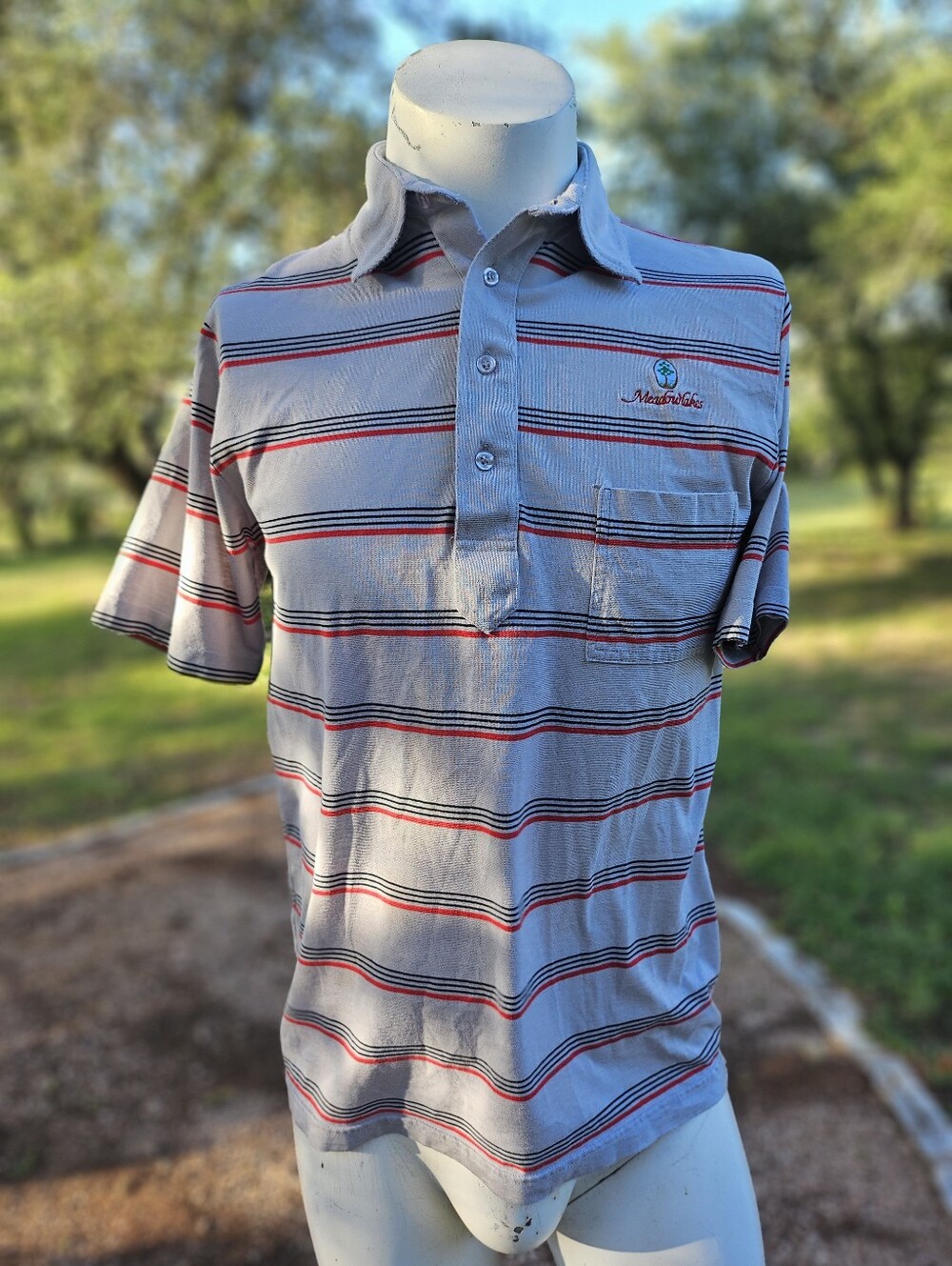 Vintage Sahara Men’s Light Gray Striped Polo Meadow Lakes Golf Shirt Damage M